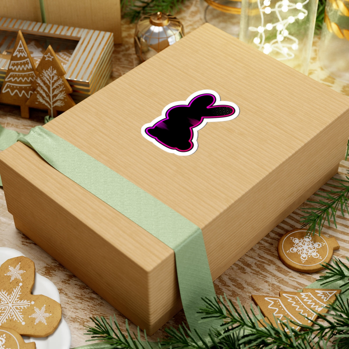 Neon Outline Bunny Sticker — Black & Purple Kiss-Cut Vinyl